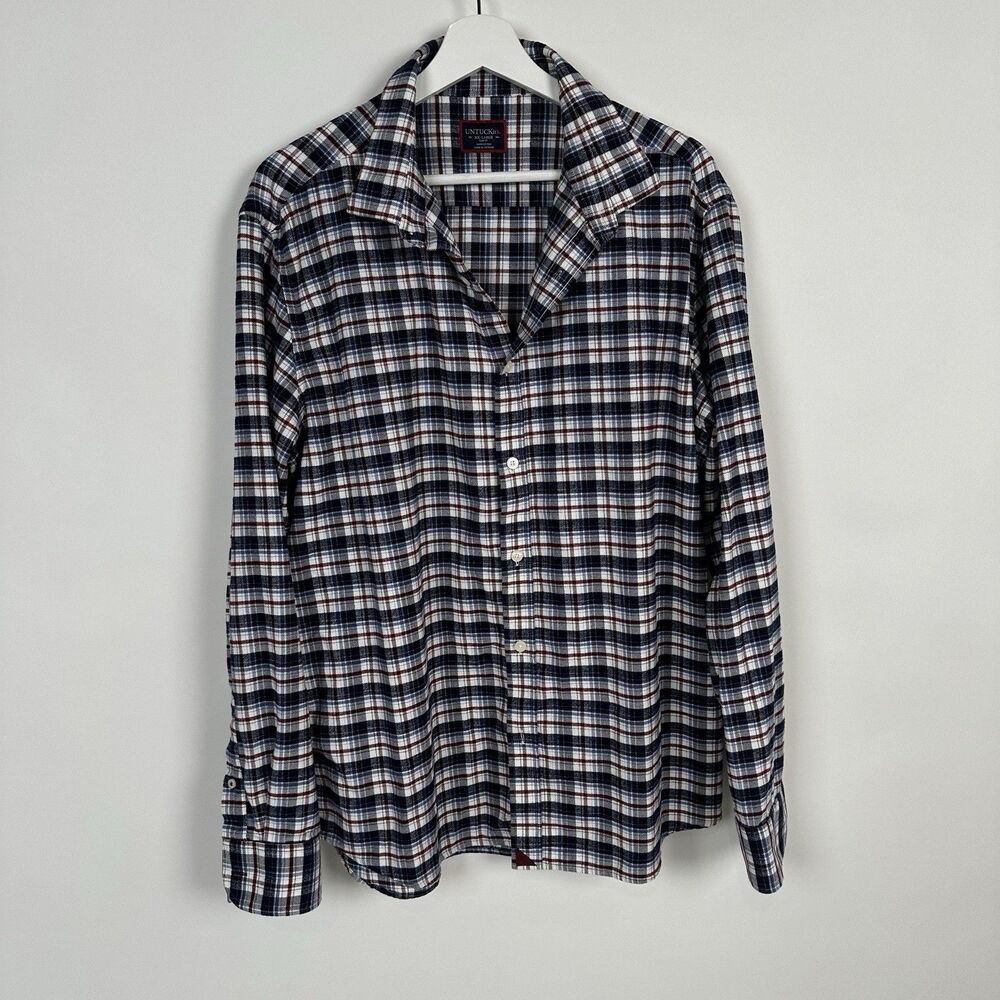Untuckit Men’s XXL Kaesler Slim Fit Flannel Shirt Blue Green Plaid Button Up